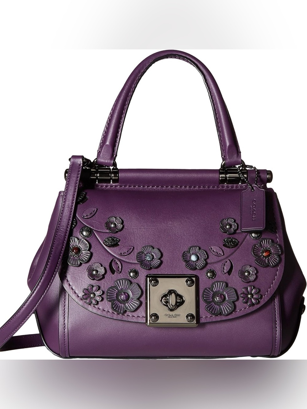 COACH Willow Drift Tea Rose Purple Floral Appliqué Leather Satchel Top Handle
